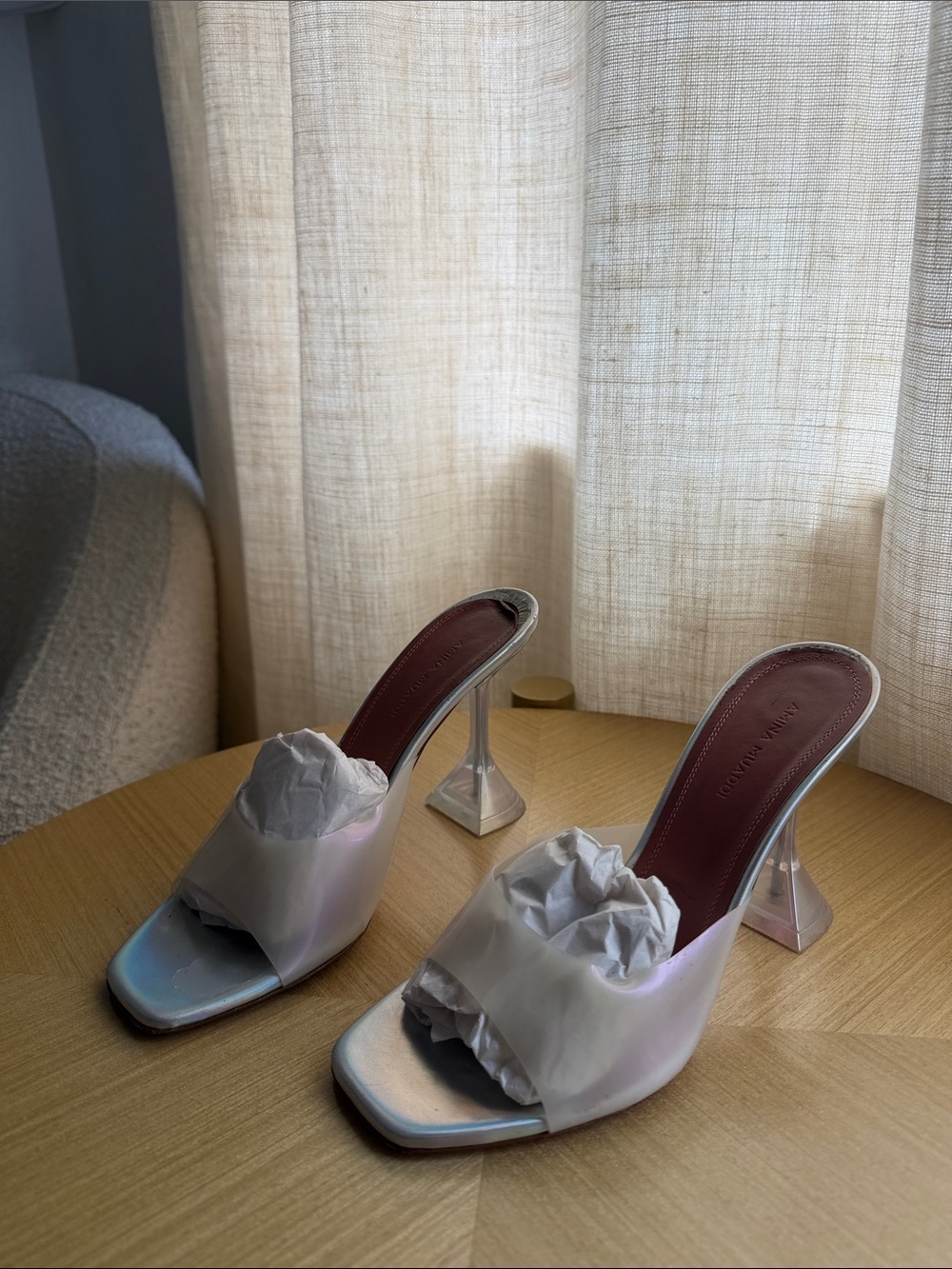 Amina Muaddi Iridescent White Lupita Glass Sandals PVC Pearly White